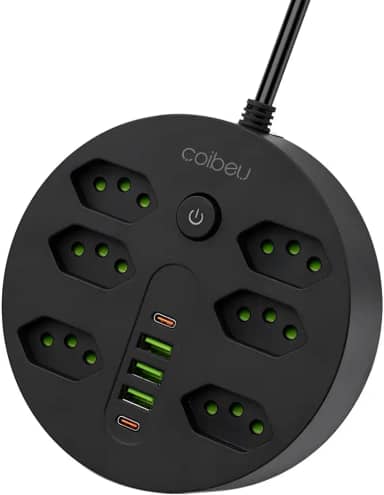 Extensão Tomada, Régua Tomada, Régua de Energia, 6 Tomadas, 3 Interfaces USB, 2 Porta USB Tipo-C, Cabo de Alimentação de 1,9 metros, Suporte a Tensão de 110-220V, Potência de 2500W, Preto