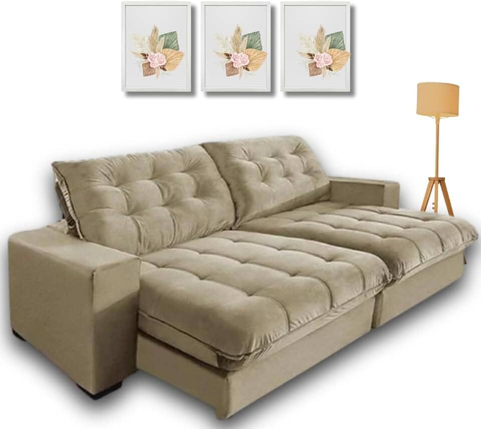 Sofá Retrátil e Reclinável, 2,10m com Molas Ensacadas. (Bege)
