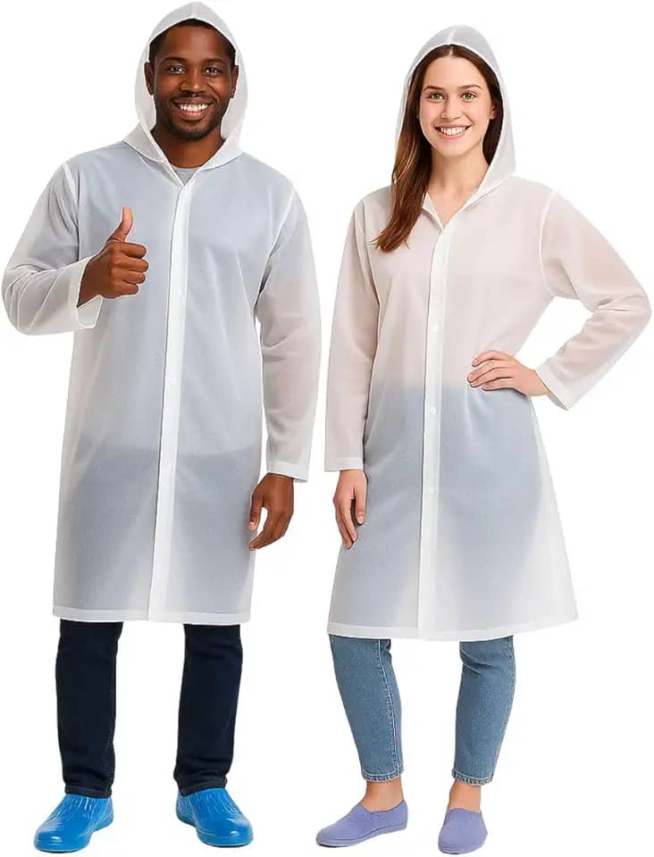 Capa de Chuva EVA Adulto Unisex c/Capuz Impermeável Resistente Feminina Masculina Poncho branco transparente reutilizável para viagem acampamento homens e mulheres forro com botão passeio festas shows