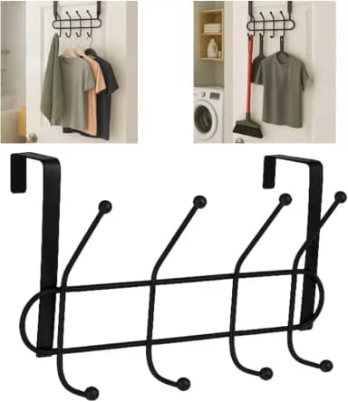 Porta Cabideiro Gancho Multiuso Banheiro Lavanderia Metal Inox Cromado Pendurar Chapeu Toalhas Vassouras Roupas Bolsas Casacos Encaixe na Porta Suporte Reforçado Sem Furos (Preto)