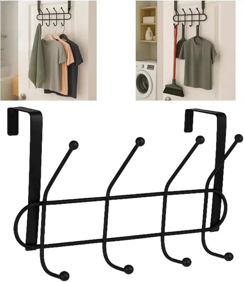 Porta Cabideiro Gancho Multiuso Banheiro Lavanderia Metal Inox Cromado Pendurar Chapeu Toalhas Vassouras Roupas Bolsas Casacos Encaixe na Porta Suporte Reforçado Sem Furos (Preto)