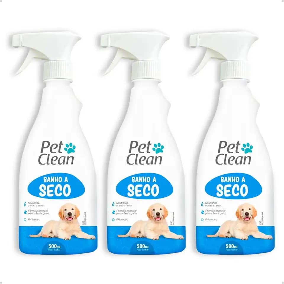 Kit 3 Banho a Seco Spray Sem Enxágue Pet Shop Banho e Tosa Cachorro e Gato Pet Clean 500 ml