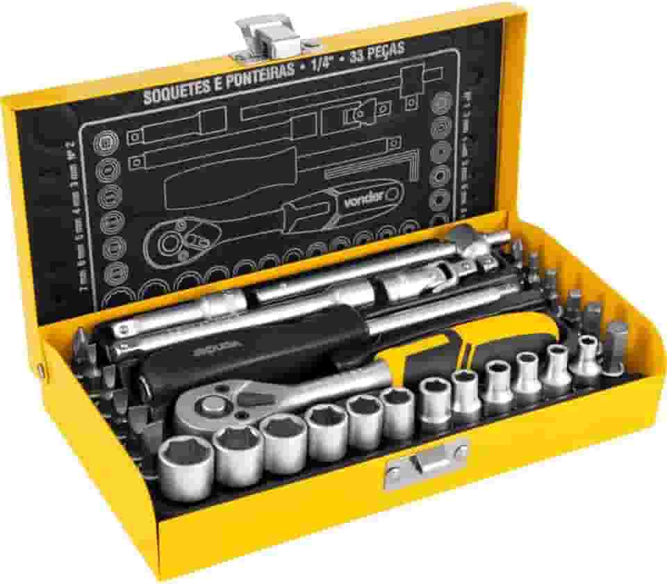 Vonder, Jogo De Soquetes E Ponteiras Com Encaixe De 1/4', 4,0 Mm A 13,0 Mm, Com 33 Peças.