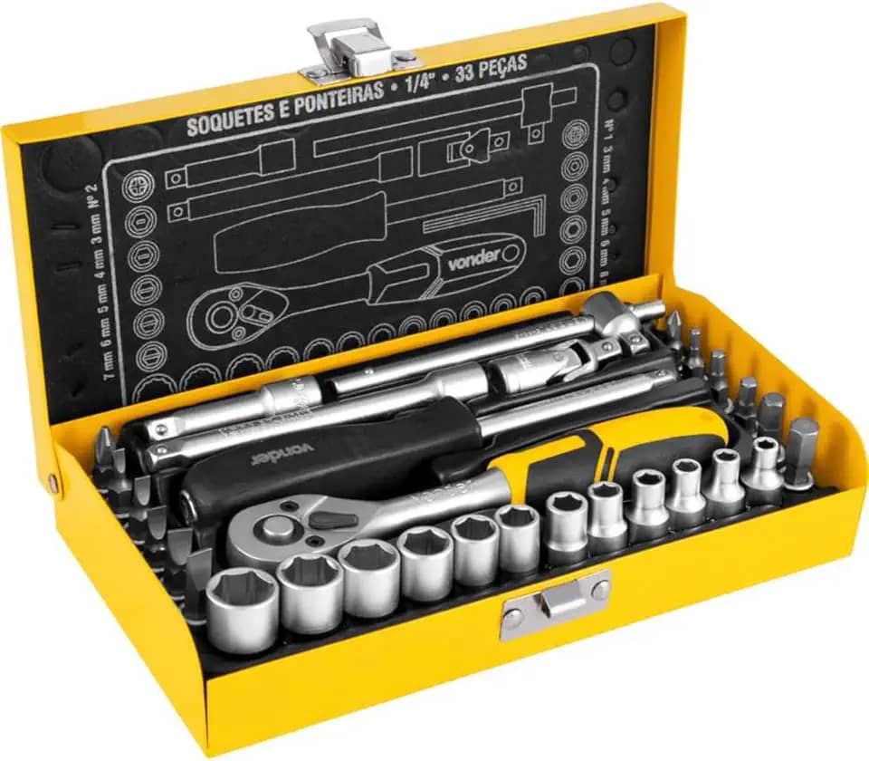 Vonder, Jogo De Soquetes E Ponteiras Com Encaixe De 1/4', 4,0 Mm A 13,0 Mm, Com 33 Peças.