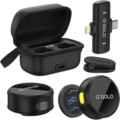 Microfone de Lapela Duplo Sem Fio α’GOLD Premium, Case de Carregamento, 10h Bateria, Cancelamento de Ruído, Áudio Pro, Compatível com iPhone e Android USB-C, Plug & Play para Vídeos e Lives