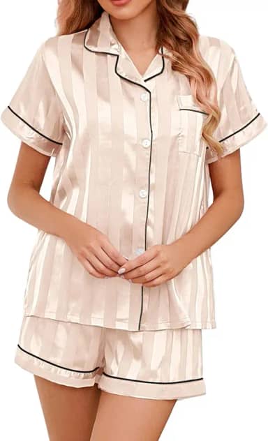 Pijama de cetim de seda para mulheres, conjunto de pijama de seda abotoado, gola notch, conjunto de pijama de cetim - 2 peças de pijama de cetim