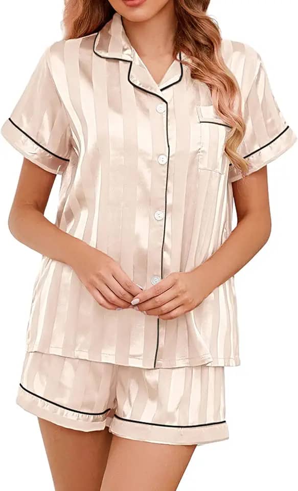 Pijama de cetim de seda para mulheres, conjunto de pijama de seda abotoado, gola notch, conjunto de pijama de cetim - 2 peças de pijama de cetim