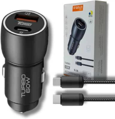 Carregador Veicular Turbo 60W Pro, Kit com Cabo USB-C. Duas portas USB 3.0 + USB-C, Led, Carregamento Rápido 9.1A Fast Charge Carro/Automotivo Compatível com IOS e Android – Premium (Preto)