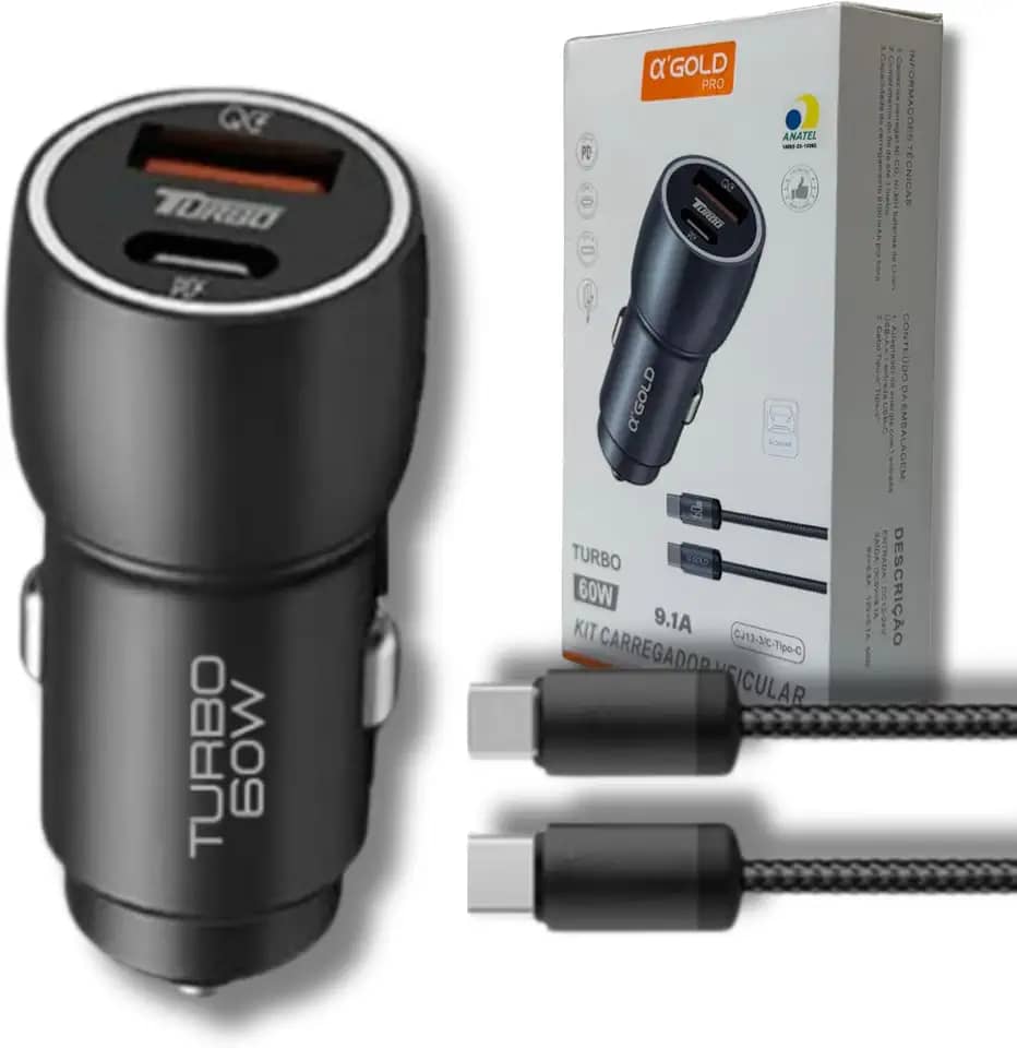 Carregador Veicular Turbo 60W Pro, Kit com Cabo USB-C. Duas portas USB 3.0 + USB-C, Led, Carregamento Rápido 9.1A Fast Charge Carro/Automotivo Compatível com IOS e Android – Premium (Preto)