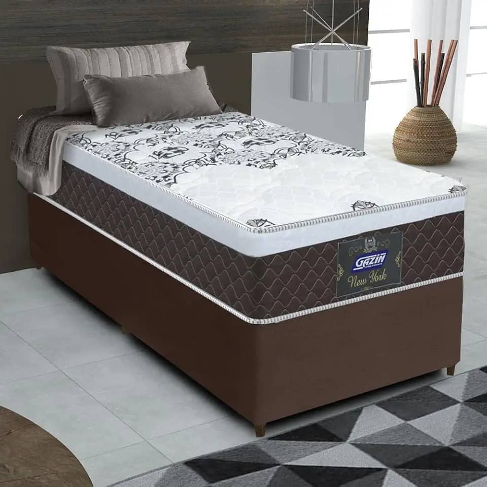 Cama Box Solteiro Colchão Molas Ensacadas com Euro IN New York Marrom,Branco 88x188x64cm