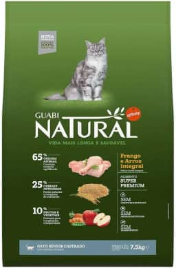 Ração Guabi Natural Gatos Sênior Castrados Frango e Arroz Integral 7,5 kg, Verde