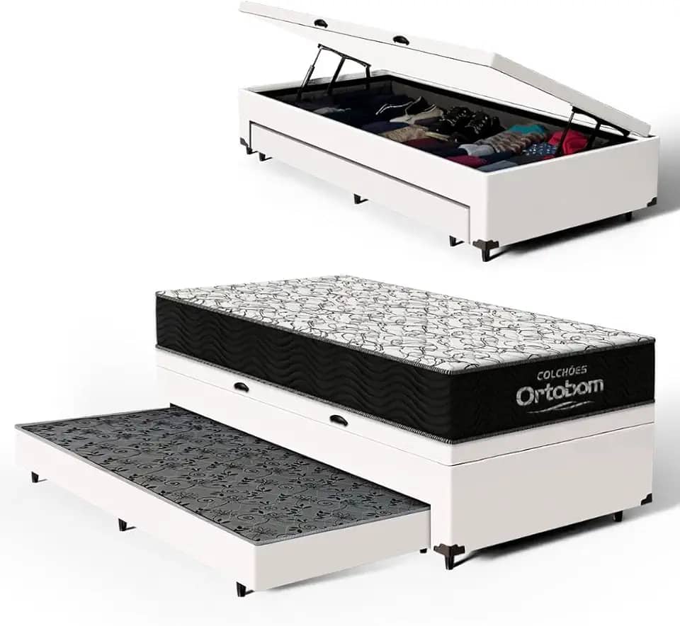 Bicama com Box Baú Solteiro com Colchão de Espuma D45 Ortobom Airtech 150 + Auxiliar Unique 88cm (Branco)