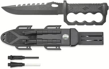 Faca Tática Militar Esportiva Caça Mergulho Pesca Com Bainha Bússola Pederneira Apito Sobrevivência (Preto)