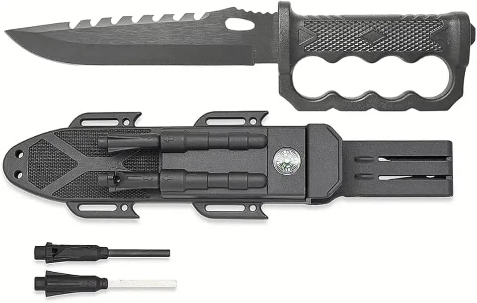 Faca Tática Militar Esportiva Caça Mergulho Pesca Com Bainha Bússola Pederneira Apito Sobrevivência (Preto)