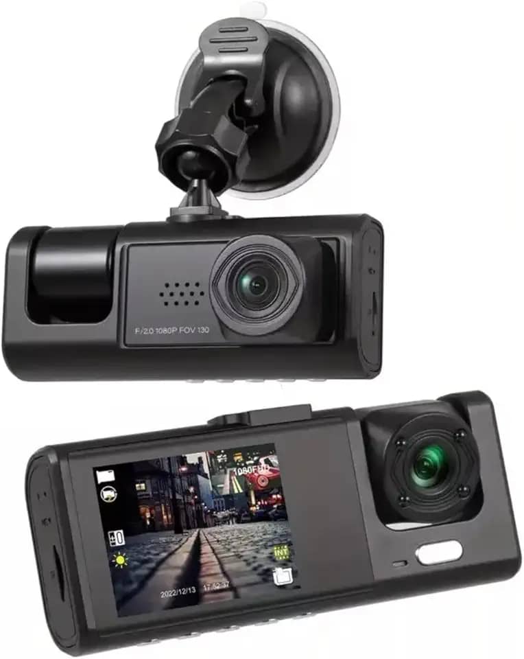 Câmera Veicular 3 Lentes Full HD 1080p com Visão Noturna – Dashcam Frontal, Interna e Traseira, Tela LCD 4” e Detecção de Movimento
