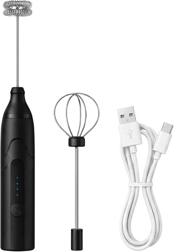 Espumador de Leite Elétrico e Mixer Portátil USB Recarregável – 3 Velocidades Potentes com 2 Cabeças (Mola e Fouet) – Batedor em Inox para Café, Cappuccino, Shakes e Ovos