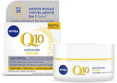 NIVEA Creme Facial Antissinais Q10 Power Dia FPS 30 50g - Reduz rugas e linhas de expressão, hidrata intensamente e é adequado para peles sensíveis, uso diurno