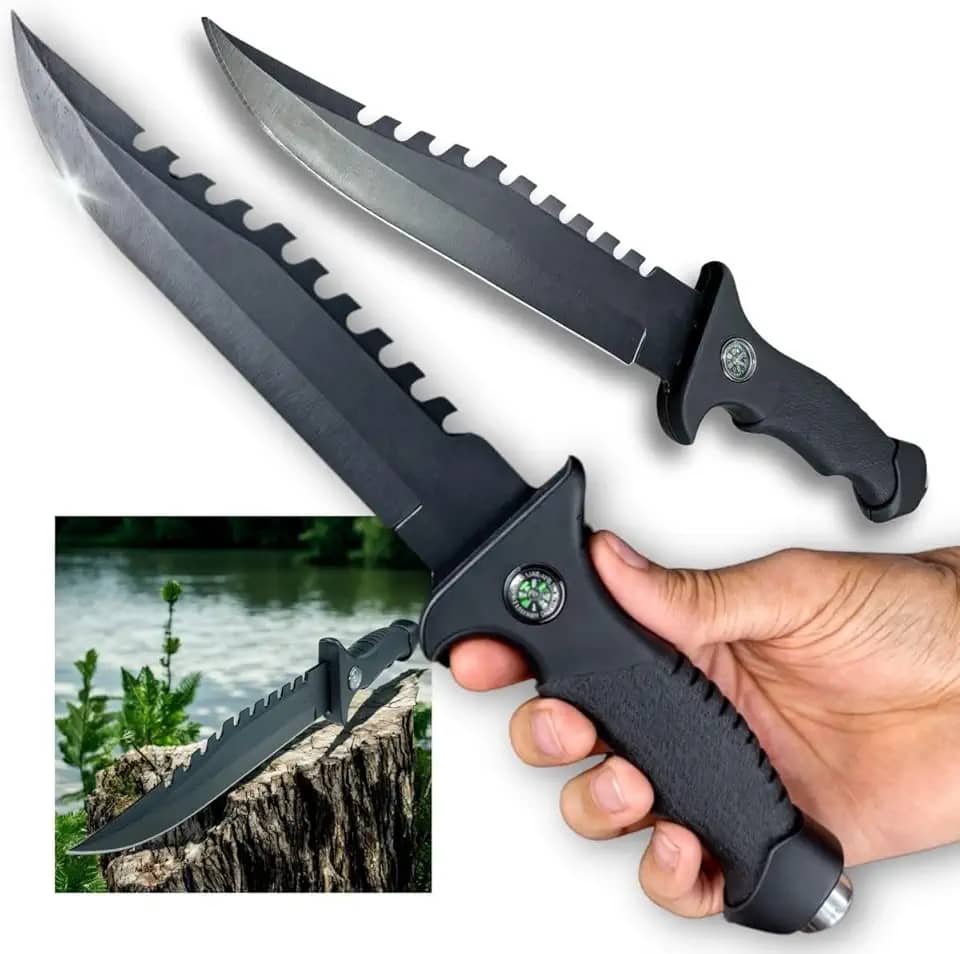 2 Facas Resistentes com Bússola – Perfeitas para Camping e Trilhas, Lâmina Afiada com Serra, Cabo Emborrachado, Quebra-Vidro, Kit Tático Ideal para Sobrevivência, Aventura e Pesca.