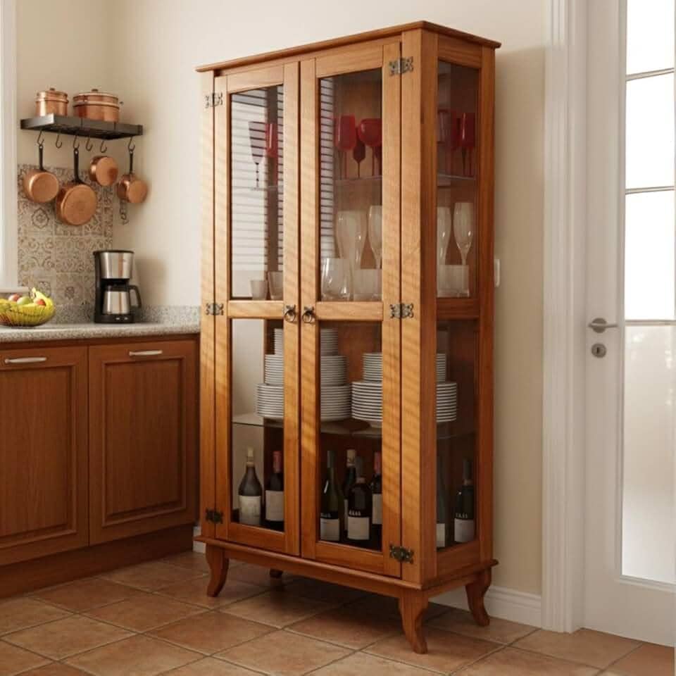 Cristaleira em madeira maciça com portas de vidro e prateleiras reforçadas, estilo colonial, perfeita para sala de jantar ou decoração sofisticada (Castanho)