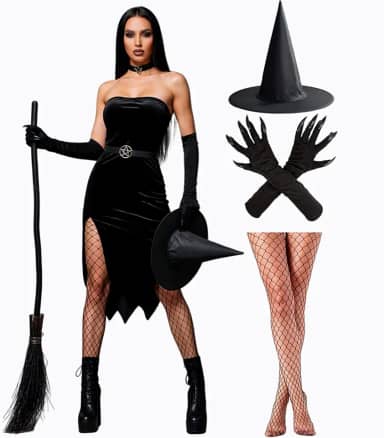 Kit Fantasia Bruxa Adulta Feminina de Halloween Barata Chapéu Preto Luva com Garra e Meia Calça Arrastão