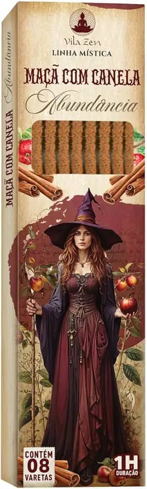 Incenso Vila Zen Linha Mística Bruxas, Incenso Natural Sem Carvão - Caixinha com 8 Varetas cada (MAÇÃ COM CANELA - Abundância)