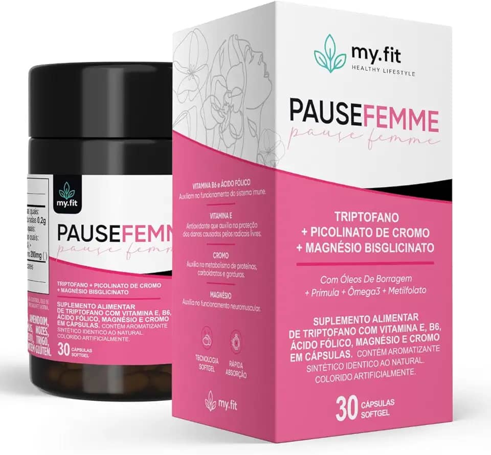 Pause Femme, Alivio Menopausa e Tpm - (Fórmula Completa com Óleo de Borragem, Metilfolato, Õmega 3, Magnésio) - Pote com 30 Cápsulas