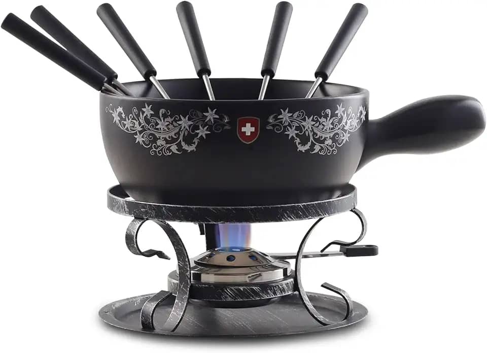 Artestia Conjunto de panela de fondue de cerâmica com design suíço de 2,11 litros para queijo, panela de derretimento de chocolate com 6 garfos de fondue e padrão vintage suíço, perfeito para 6