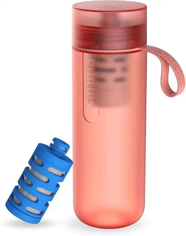 Philips Garrafa de Água GoZero Active, AWP2712RDR, rosa, estilo squeeze, capacidade 590 ml e Filtro Fitness AWP286/AWP287