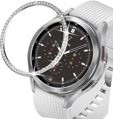 DEALELE Capas compatíveis com Samsung Gear S3 Fontier/Classic/Galaxy Watch 46 mm / Galaxy Watch 4 Classic 46 mm, strass diamante aço inoxidável Metal Watch Face Bezel Ring Cover (prata)