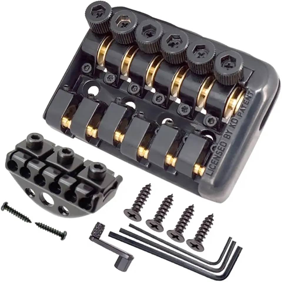 Ponte de guitarra preta fixa com 6 cordas sem cabeça, com dispositivo de corda envolvido