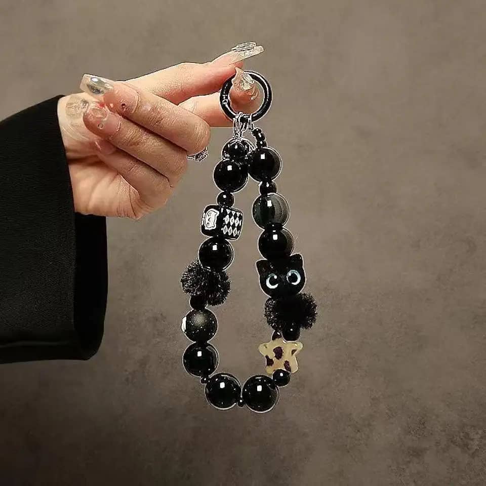 Alça de celular de gato preto de luxo com corrente de contas para pulso com clipe antifurto acessório