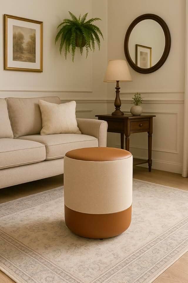 Puff Plus Banquinho Redondo Decorativo em Linho Base e Tampo Courino Bege/Caramelo - PC MÓVEIS