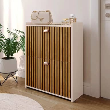 Sapateira 2 Gavetas Basculantes Organizadora Multiuso Armário Closet 12 Pares Quarto Hall De Entrada (Off White/Ripado)