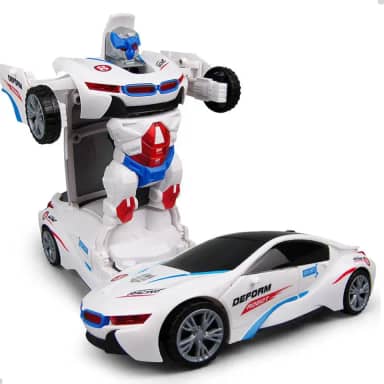 Carrinho transformers policia que vira robo e emite sons e luzes led Bate e volta