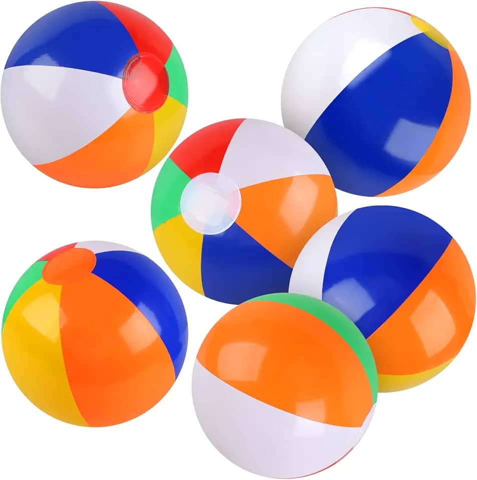 Pacote com 6 bolas de praia, bolas de praia de 25 cm para crianças, brinquedos de piscina da cor do arco-íris, bolas de bilhar para piscina, brinquedos de praia, bola inflável para festas de verão e