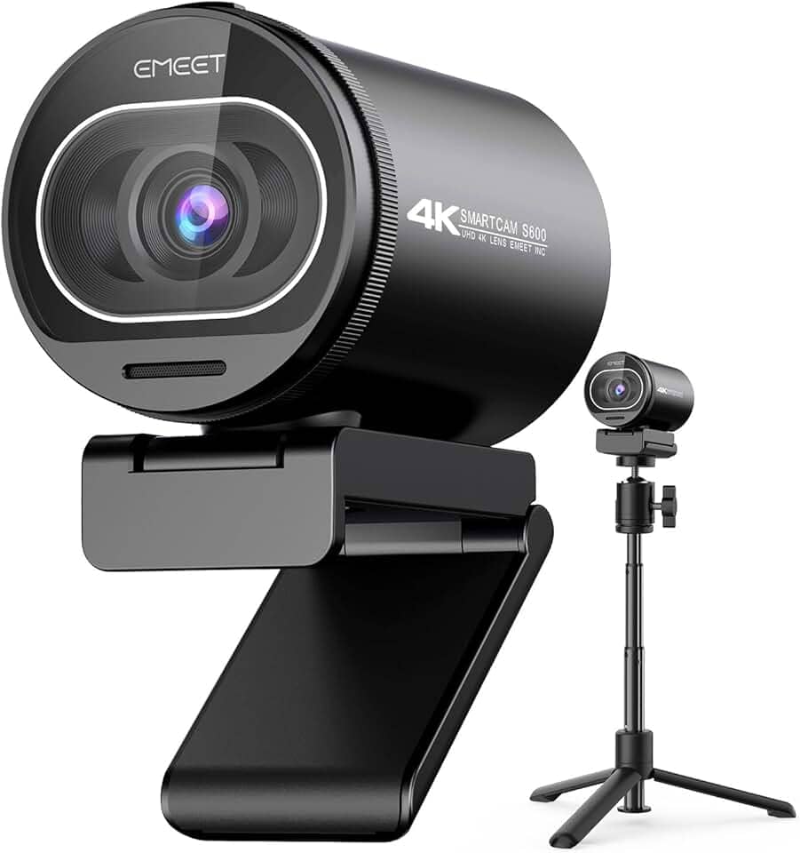EMEET Webcam 4K, webcam S600 com tripé, 2 microfones de redução de ruído, FOV ajustável de 40° a 73°, foco automático PDAF, capa de privacidade integrada, câmera de streaming para jogos, chamadas de