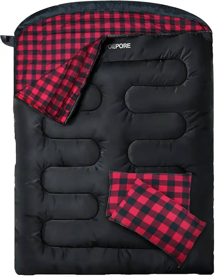 POEPORE Saco de dormir duplo de flanela para adultos com 2 travesseiros, sacos de dormir para 2 pessoas, acampamento, 2GG, tamanho queen, saco de dormir para duas pessoas para clima frio
