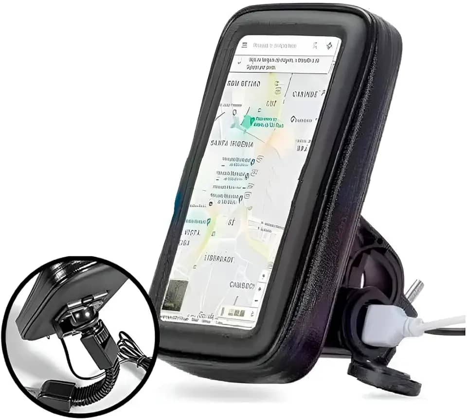 Suporte de Celular para Moto e Bicicleta com Carregador USB, 360°, 17,4 x 10,5 cm, Preto