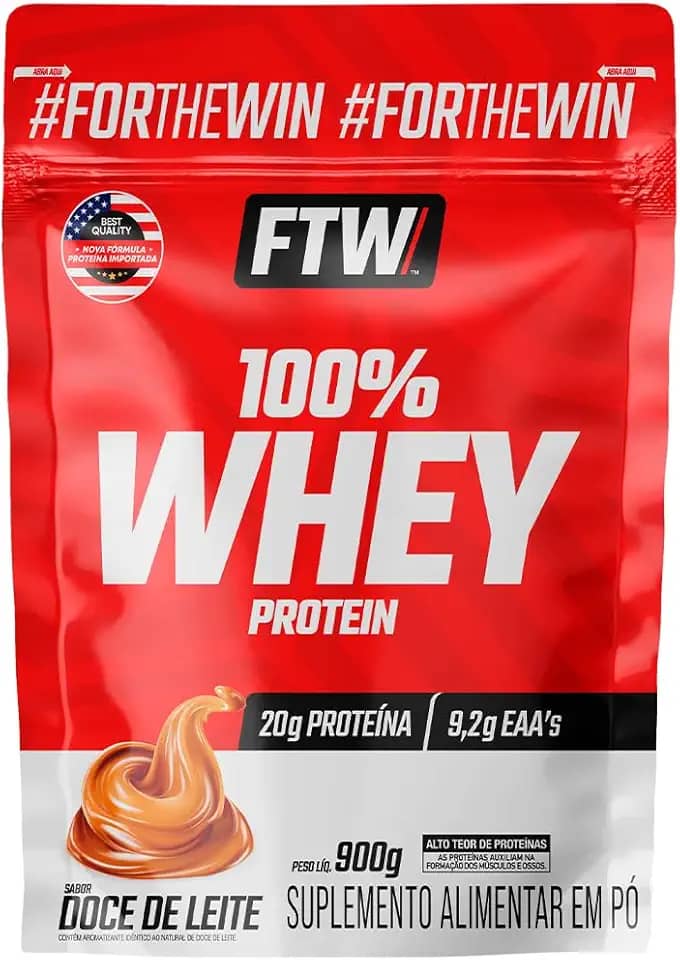 FTW 100% Whey Protein com Proteína Concentrada WPC, Suplemento Alimentar Pós-Treino em Pó com Fonte de Proteína do Soro do Leite, Alto Valor Biológico, Sem Glúten – Refil 900g (Sabor Doce de Leite)