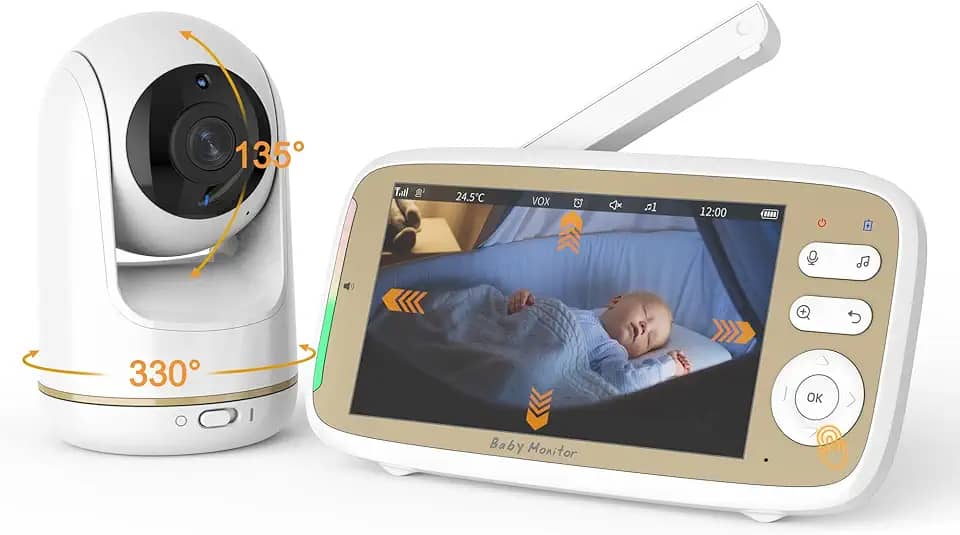Babá Eletrônica com Câmera HD 720P – Baby Monitor de 5', Detecção de Som VOX, Voz Bidirecional, Controle Remoto de Visão Pan-Tilt e Transmissão Clara, Monitoramento Temperatura, Canção de Ninar