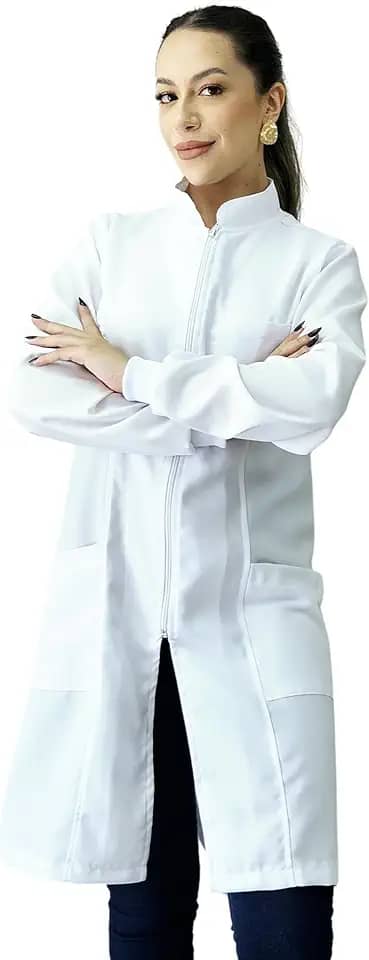 Jaleco Feminino Oxford Ziper Gola Padre, Com Punho, Acinturado, Manga Longa, Branco