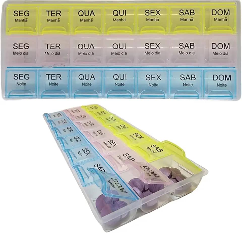 Porta Comprimidos Semanal Manhã Tarde Noite 7 Dias - Caixa Organizadora de Remédios Viagem, Grande, Separador, Estojo para Medicamentos | Premium InoVibes