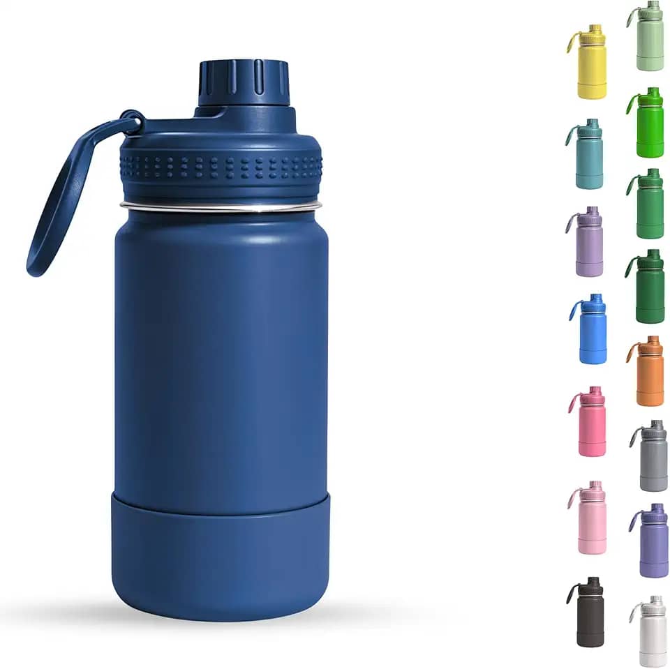 Garrafa Térmica Infantil - 350ml, Aço Inox 304 Parede Dupla de Isolamento 24horas Gelado, Tampa Rosca De Segurança, Anti Vazamento, Base Silicone AntiDerrapante, BPA Free (Azul Marinho)
