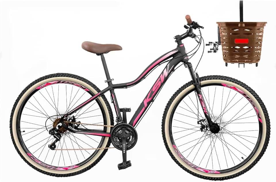 Bicicleta Aro 29 Feminina Quadro em Alumínio KSW MWZA com Cesta Estilo Retrô Vintage 21 Velocidades Freio a Disco