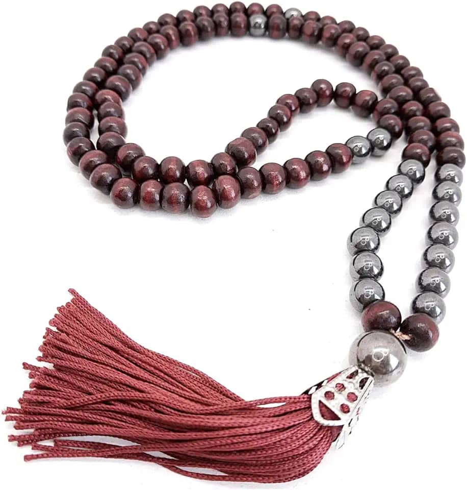 Japamala 108 contas em Madeira cor Vinho e Hematita