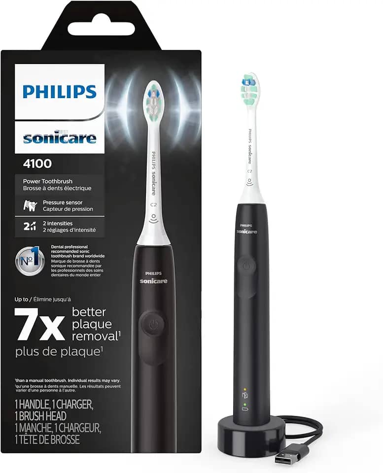 Philips Sonicare Escova de dentes elétrica recarregável 4100, com sensor de pressão, 2 configurações de intensidade, SmarTimer e QuadPacer, vida útil da bateria de 14 dias, preta, modelo HX3681/24