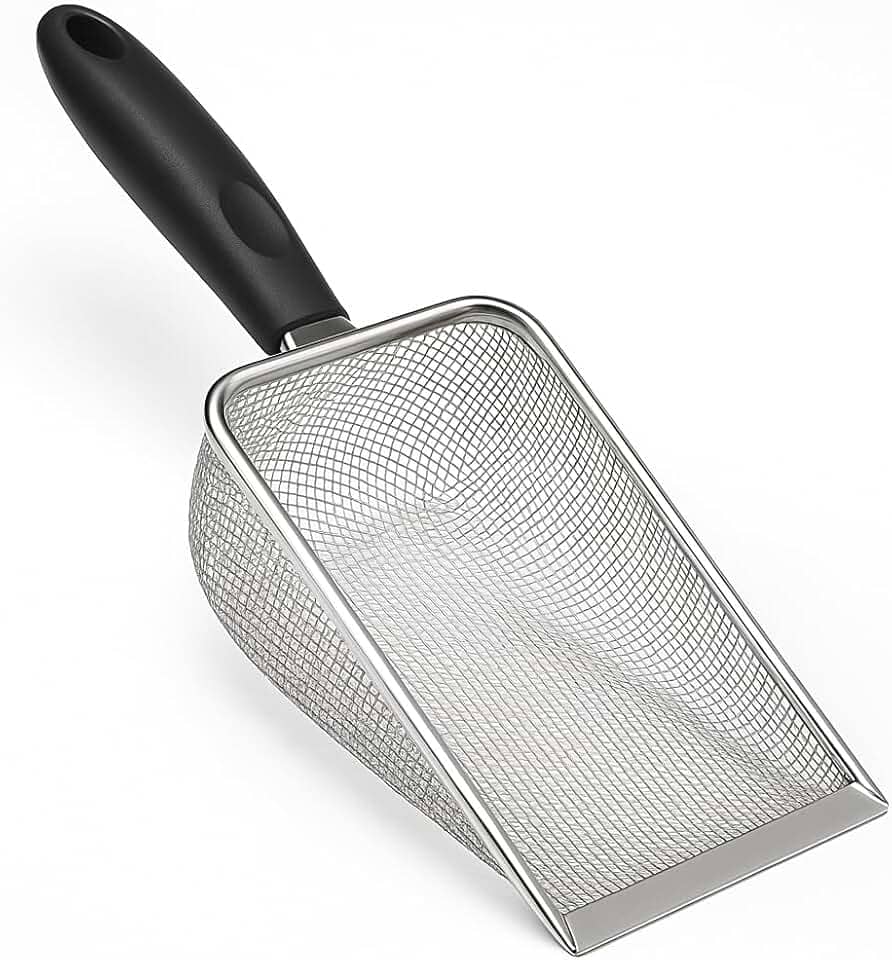 Pá Coletora Para Caixa de Areia de Gato, Pazinha Higiênica Para Areia de Gato, Limpeza de Terrários, Gaiolas e Outros Ambientes Pets, Peneira de Aço Inox Premium