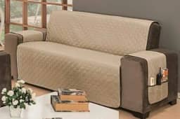 Protetor De Sofá Impermeável 3 Lugares Padrão Liso Dupla Face Tecido Microfibra Kaqui/Marrom