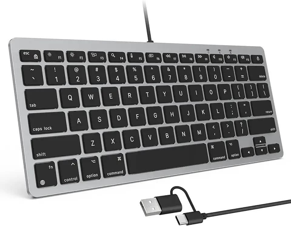 OMOTON Teclado com fio para Mac com interface dupla, ângulo de digitação confortável e conexão estável, compatível com MacBook, iMac, Mac Mini, PC-cinza