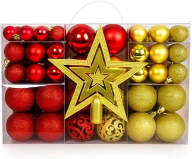 Kit 100 Bolas de Natal Mista Lisas Glitter Vermelho e Dourado Decoração Enfeite Árvore de Natal com Ponteira LuvinCo